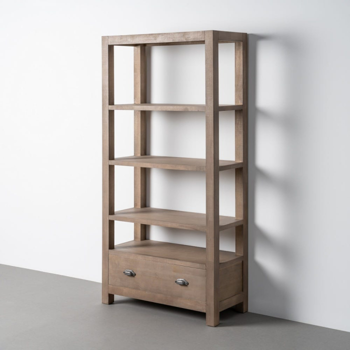 Bibliotecă din lemn de pin cu aspect natural cu patru polite deschise si sertar inferior [2]