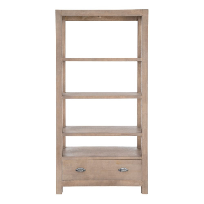 Bibliotecă din lemn de pin cu aspect natural cu patru polite deschise si sertar inferior [5]