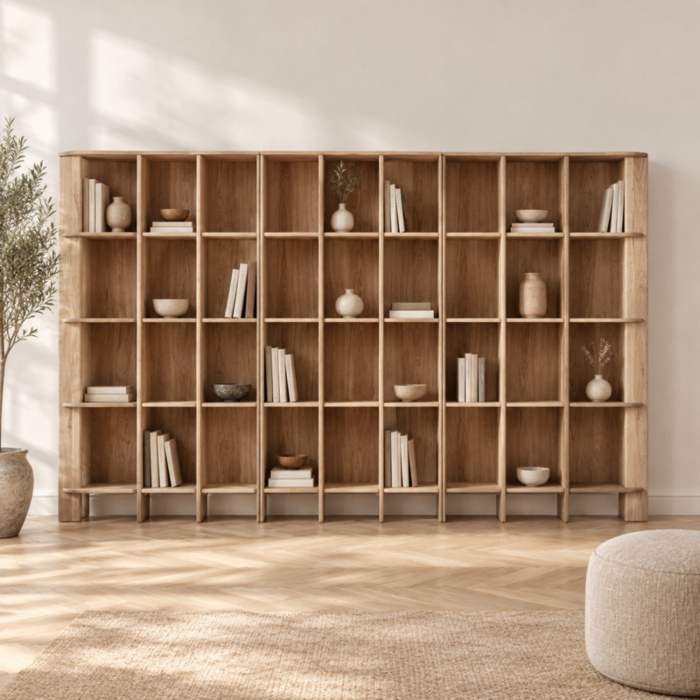 Bibliotecă din stejar cu douăsprezece nișe deschise, montanți subțiri și panou lateral gros în dreapta [2]