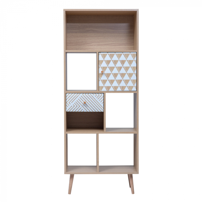 Bibliotecă sonoma cu sertare decorative 60x30x150 cm, stil scandinav, compartimentare 8 spații + sertar + dulăpior. [2]