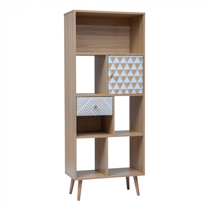 Bibliotecă sonoma cu sertare decorative 60x30x150 cm, stil scandinav, compartimentare 8 spații + sertar + dulăpior. [1]