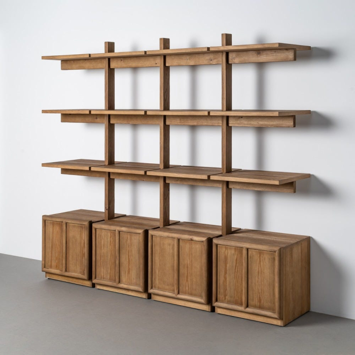 Bibliotecă din lemn de pin natural cu rafturi și corpuri de depozitare [2]