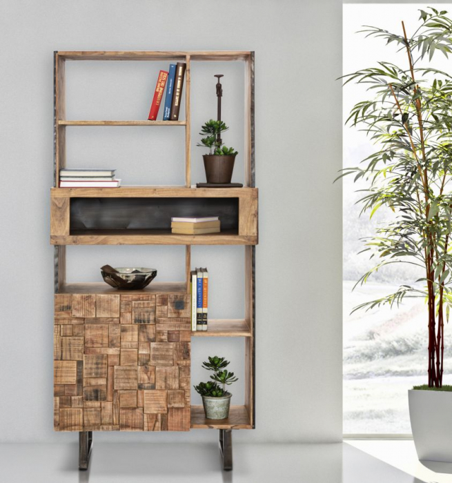 Biblioteca lemn masiv acacia usa mozaic rafturi deschise Mumbai 88x177 - CreativDeco.ro [11]