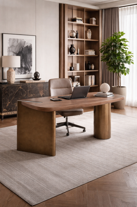 Biroul art deco din furnir nuc si picioare metalice cu finisaj cupru periat Lausana 182x83x75 cm [4]