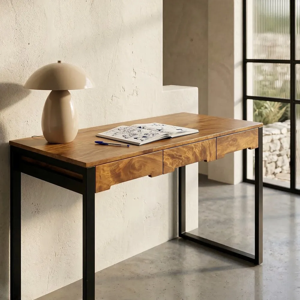 Birou din lemn de mango cu 3 sertare și structură metalică geometrică [2]