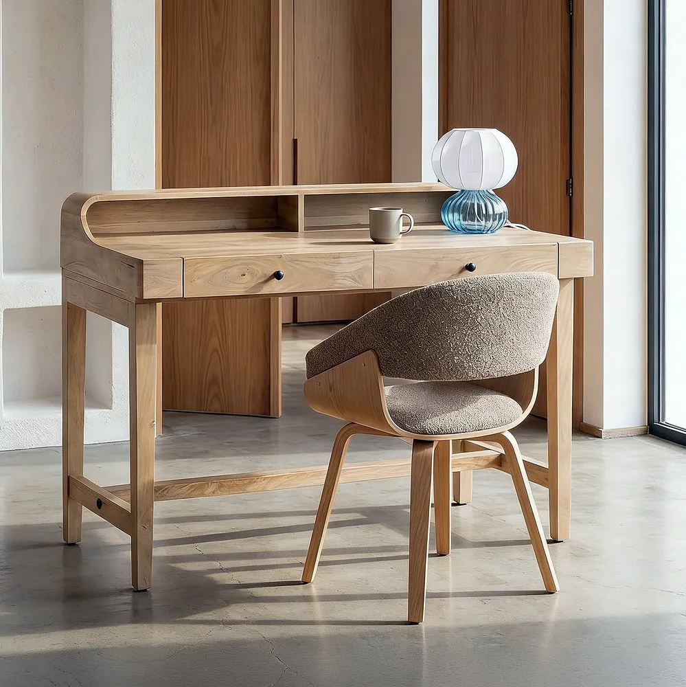 Birou din lemn de mango cu sertare și polițe integrate, design contemporan [2]