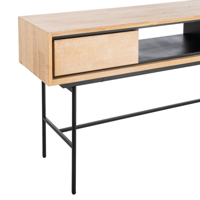 Birou din lemn natur cu picioare metalice negre și spațiu de depozitare – imagine principală [4]