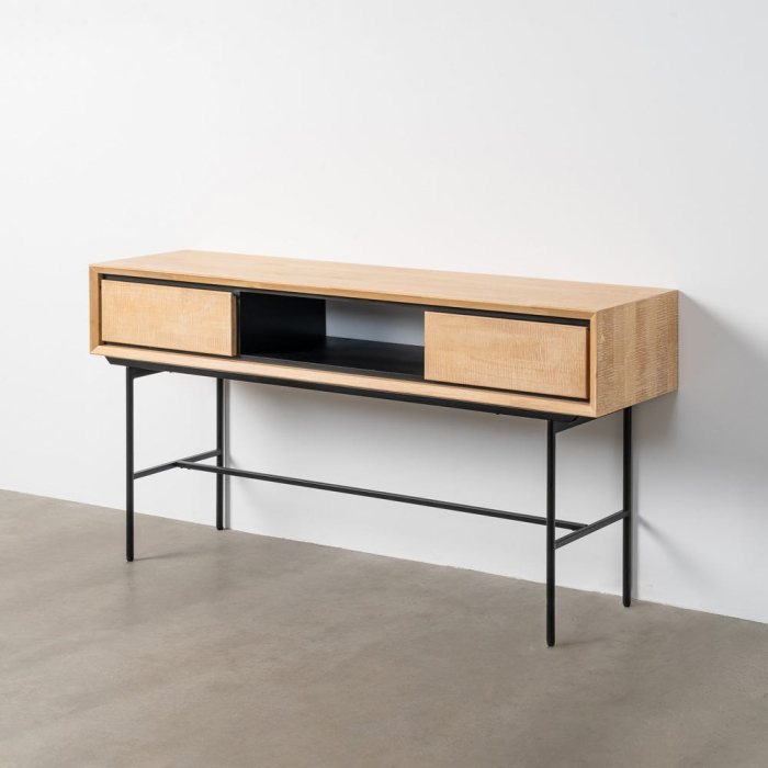 Birou din lemn natur cu picioare metalice negre și spațiu de depozitare – imagine principală [1]