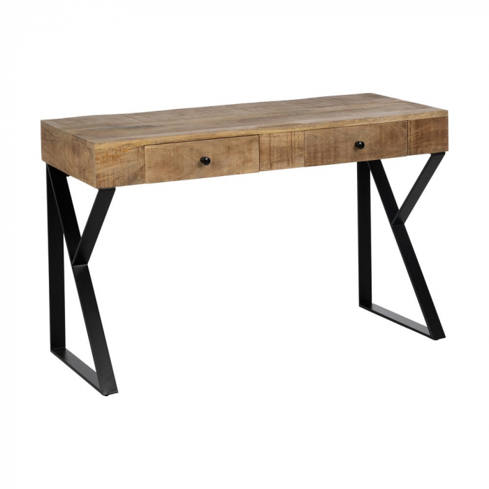 Birou industrial din mango cu structură metalică Z și trei sertare [3]