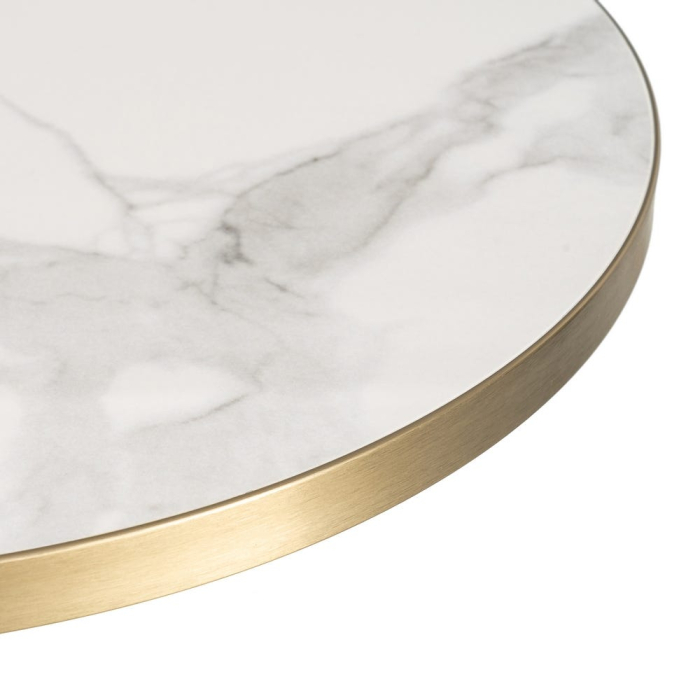 Blat de masa rotund din piatra sinterizata cu model imitatie marmura alba si margine aurie de aluminiu [4]