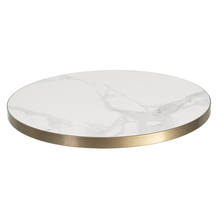 Blat de masa rotund din piatra sinterizata cu model imitatie marmura alba si margine aurie de aluminiu [2]
