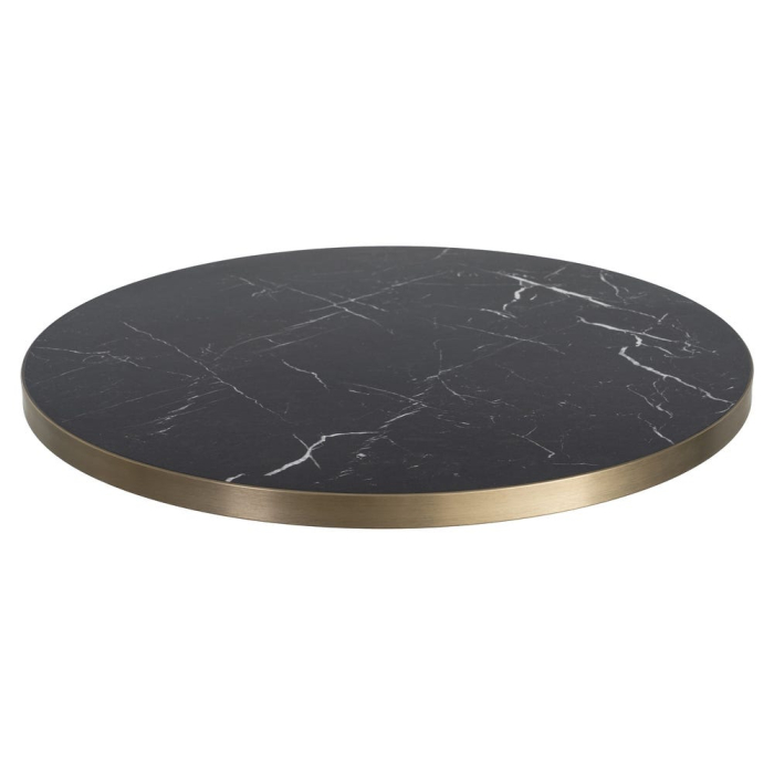 Blat de masa rotund din piatra sinterizata cu model imitatie marmura neagra si margine aurie de aluminiu [2]