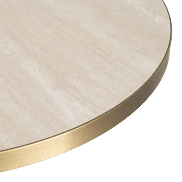 Blat de masa rotund din piatra sinterizata cu model imitatie travertin bej si margine aurie de aluminiu [4]