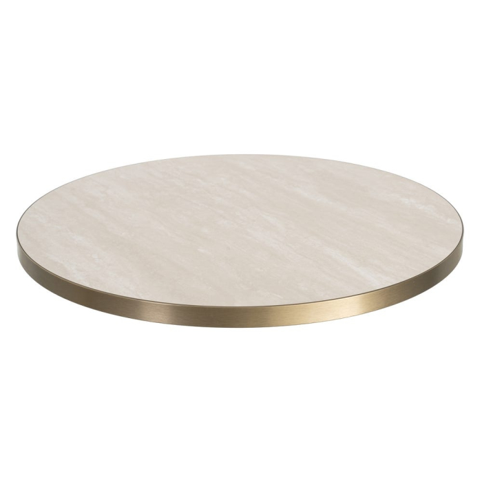 Blat de masa rotund din piatra sinterizata cu model imitatie travertin bej si margine aurie de aluminiu [2]