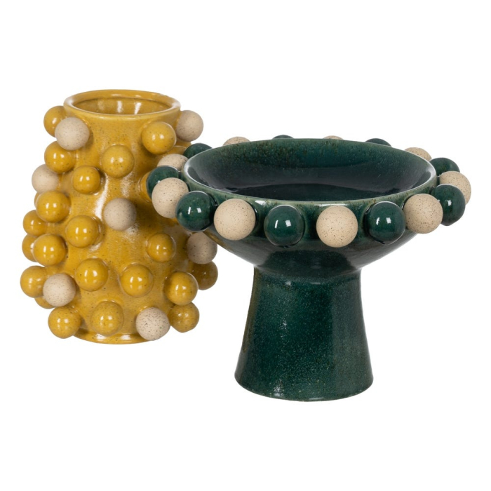 Bol decorativ cu picior din ceramică verde cu alb cu relief sferic [2]