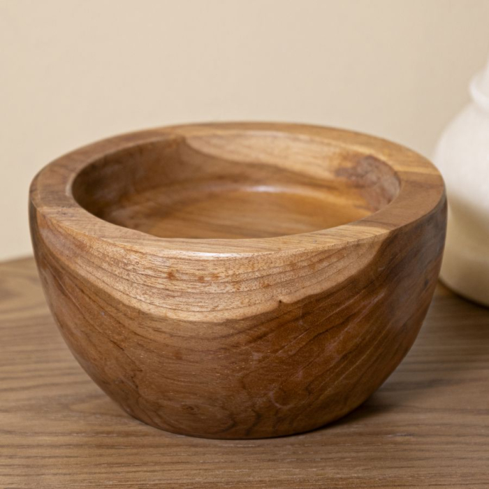 Bol decorativ din lemn de tec reciclat cu pereți groși, buză lată și desen natural [7]
