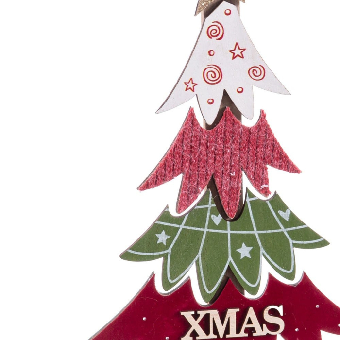 Brad decorativ din lemn decupat în straturi roșu verde și alb cu modele stea aurie și inscripția XMAS [2]