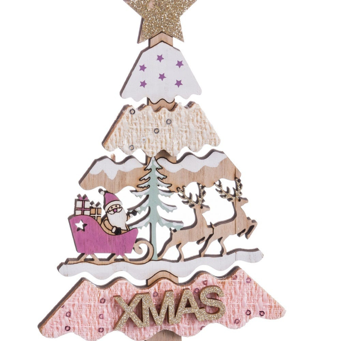 Brăduț decorativ din lemn alb și roz cu stea aurie sanie cu Moș reni și inscripția XMAS [2]