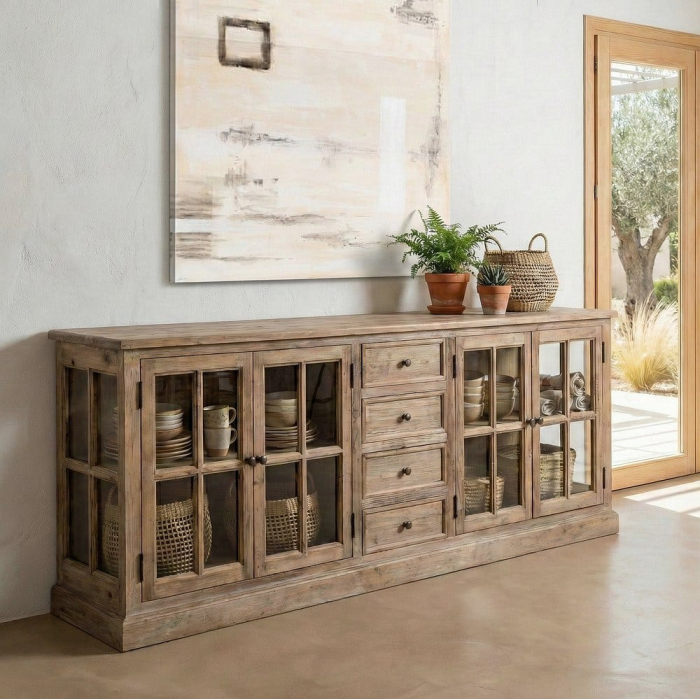 Bufet din lemn de pin reciclat cu vitrine generoase din sticlă [3]