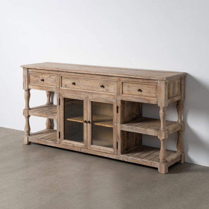 Bufet din lemn de pin reciclat cu vitrine, sertare și spații deschise [2]