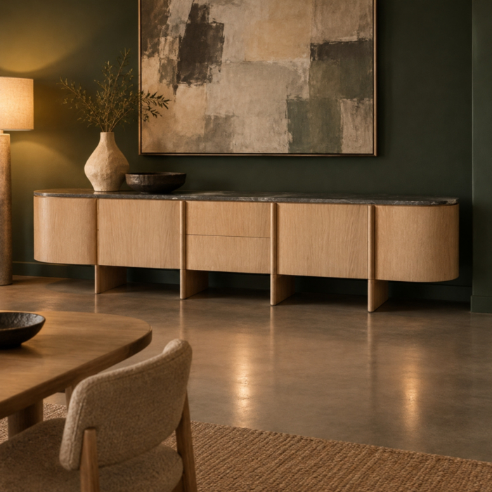 Bufet lung din stejar deschis la culoare cu capete rotunjite, patru uși, două sertare și blat negru [7]