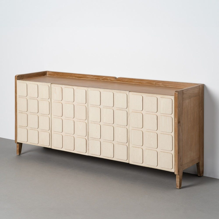 Bufet din lemn reciclat crem cu model geometric si cadru maro deschis 180x45x78 cm [11]