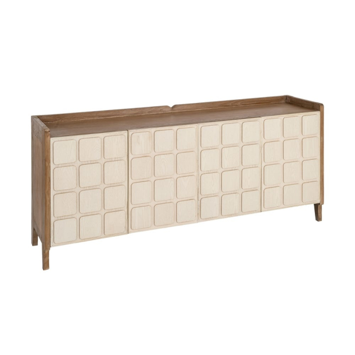 Bufet din lemn reciclat crem cu model geometric si cadru maro deschis 180x45x78 cm [2]