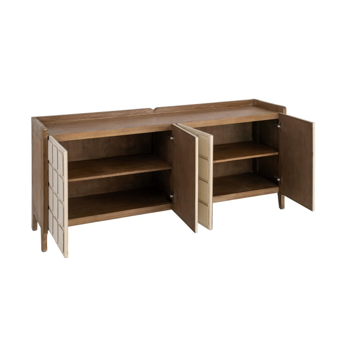 Bufet din lemn reciclat crem cu model geometric si cadru maro deschis 180x45x78 cm [3]