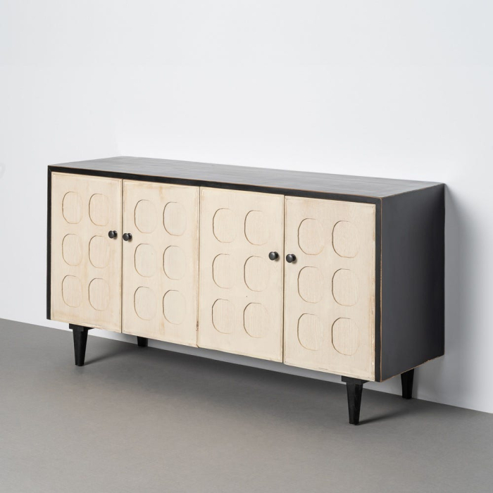 Bufet din lemn reciclat crem cu model geometric si corp negru 160x45x80 cm [11]