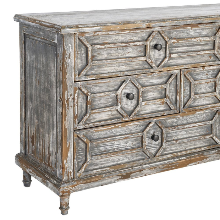 Bufet din lemn reciclat gri antichizat cu 9 sertare si model geometric 180x45x80 cm [8]