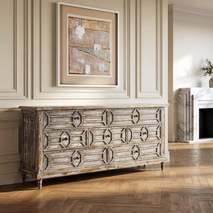 Bufet din lemn reciclat gri antichizat cu 9 sertare si model geometric 180x45x80 cm [2]