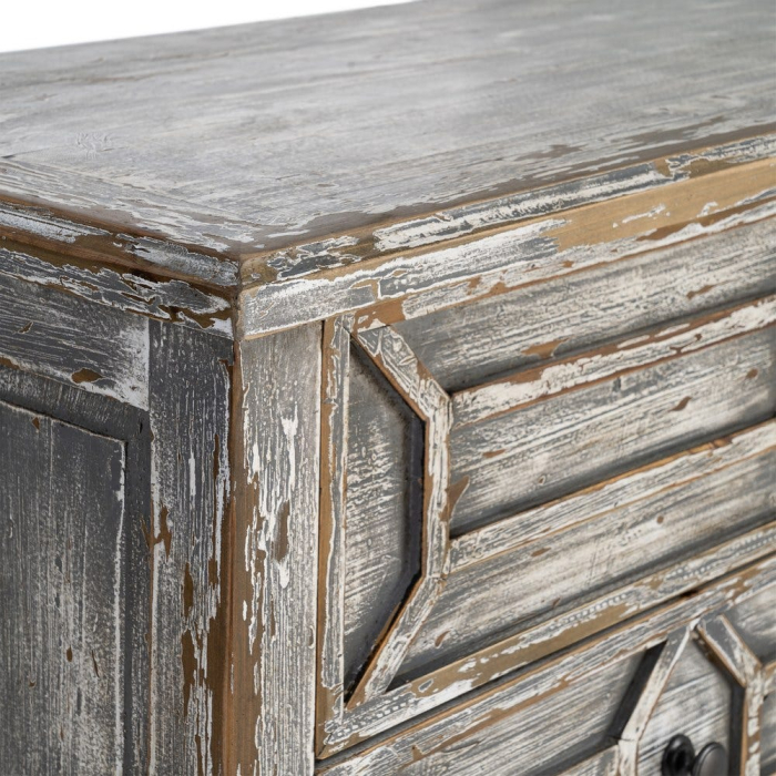 Bufet din lemn reciclat gri antichizat cu 9 sertare si model geometric 180x45x80 cm [6]