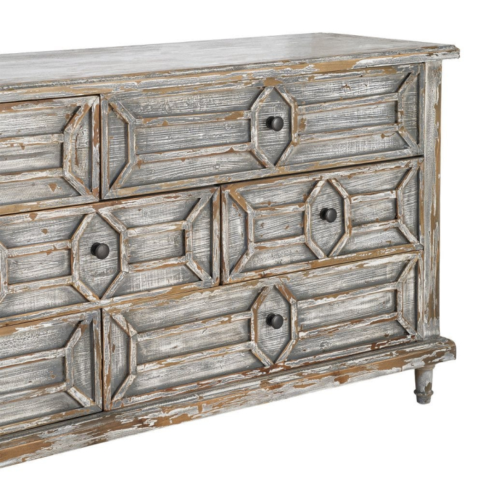 Bufet din lemn reciclat gri antichizat cu 9 sertare si model geometric 180x45x80 cm [5]