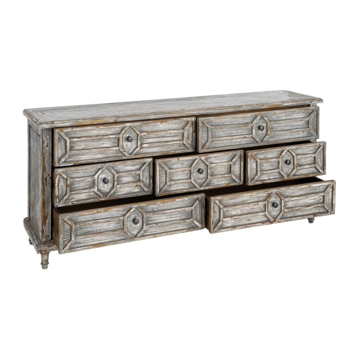 Bufet din lemn reciclat gri antichizat cu 9 sertare si model geometric 180x45x80 cm [4]