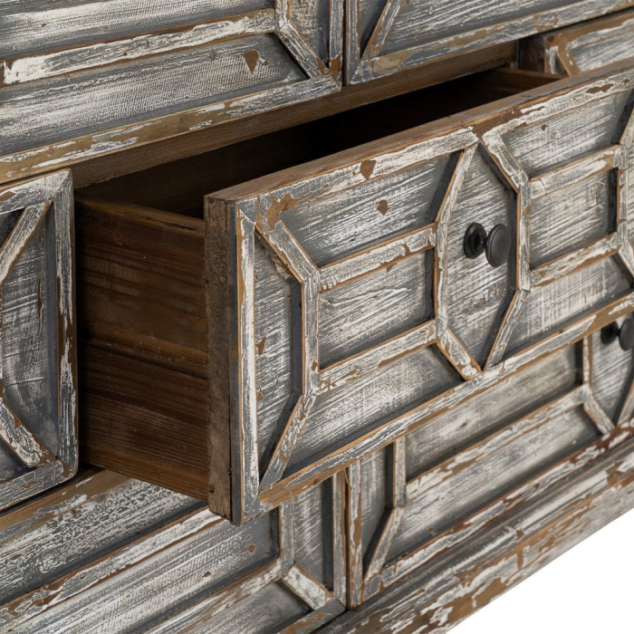 Bufet din lemn reciclat gri antichizat cu 9 sertare si model geometric 180x45x80 cm [10]