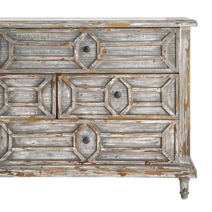 Bufet din lemn reciclat gri antichizat cu 9 sertare si model geometric 180x45x80 cm [11]