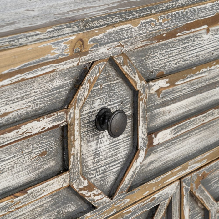 Bufet din lemn reciclat gri antichizat cu 9 sertare si model geometric 180x45x80 cm [7]