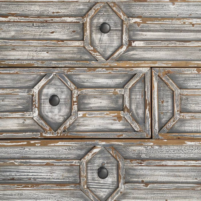 Bufet din lemn reciclat gri antichizat cu 9 sertare si model geometric 180x45x80 cm [9]