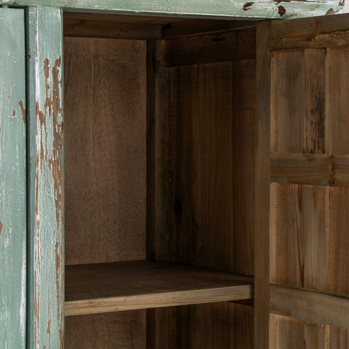 Bufet din lemn reciclat verde antichizat cu patru usi si panouri decorative in relief 160x46x112 cm [10]