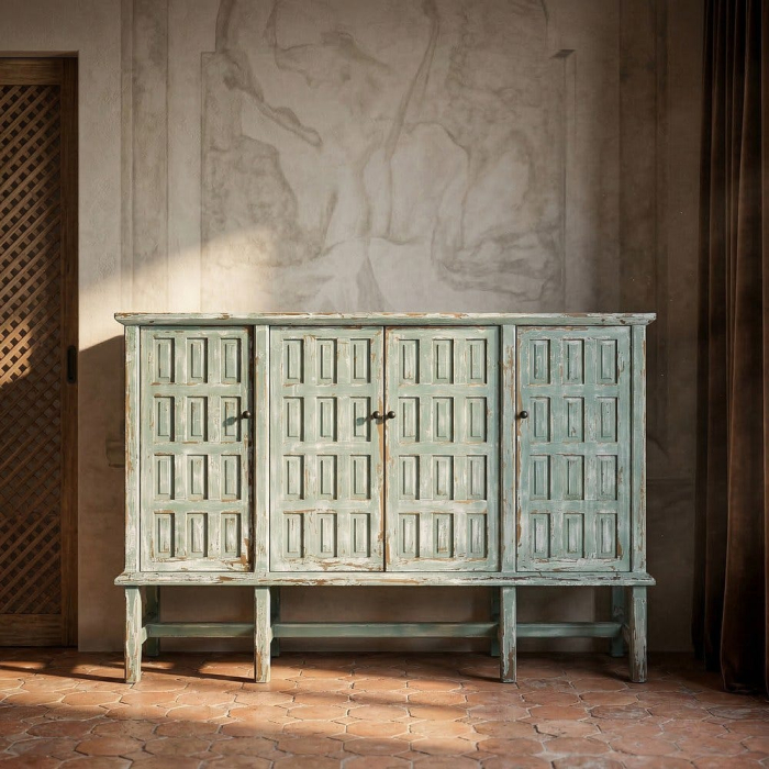 Bufet din lemn reciclat verde antichizat cu patru usi si panouri decorative in relief 160x46x112 cm [2]