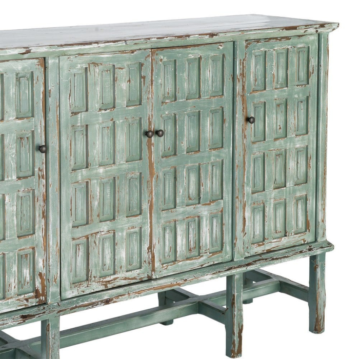 Bufet din lemn reciclat verde antichizat cu patru usi si panouri decorative in relief 160x46x112 cm [5]