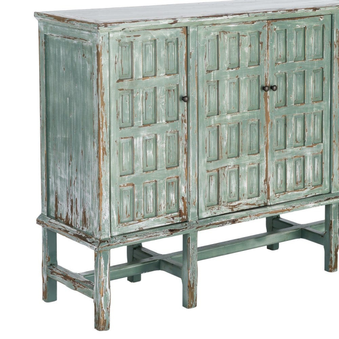 Bufet din lemn reciclat verde antichizat cu patru usi si panouri decorative in relief 160x46x112 cm [8]