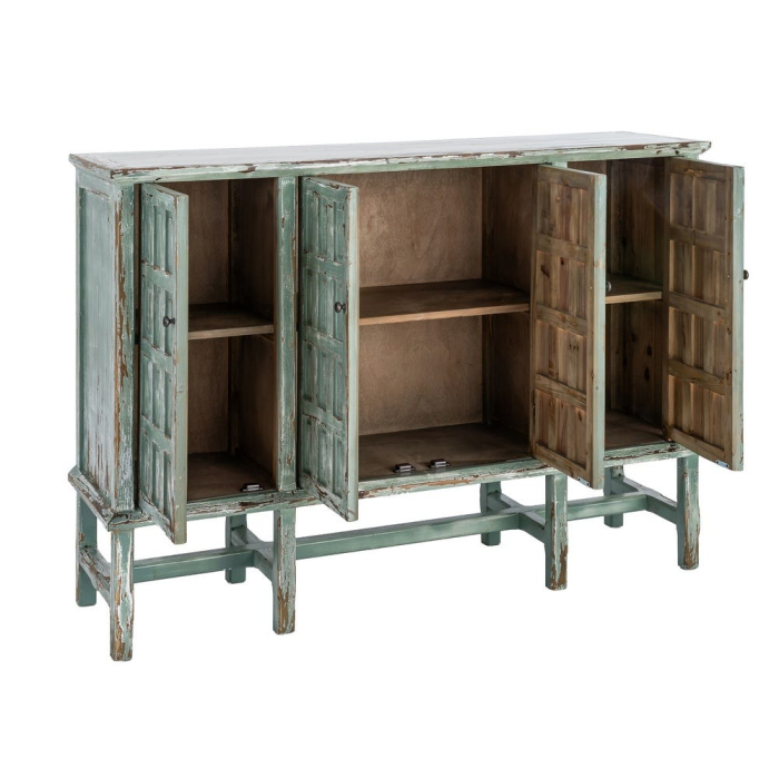 Bufet din lemn reciclat verde antichizat cu patru usi si panouri decorative in relief 160x46x112 cm [4]