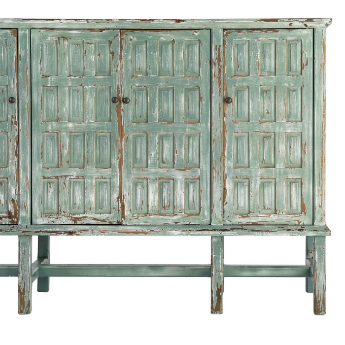 Bufet din lemn reciclat verde antichizat cu patru usi si panouri decorative in relief 160x46x112 cm [12]