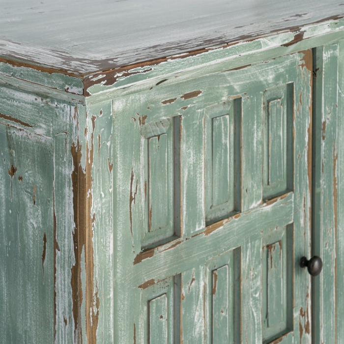 Bufet din lemn reciclat verde antichizat cu patru usi si panouri decorative in relief 160x46x112 cm [6]