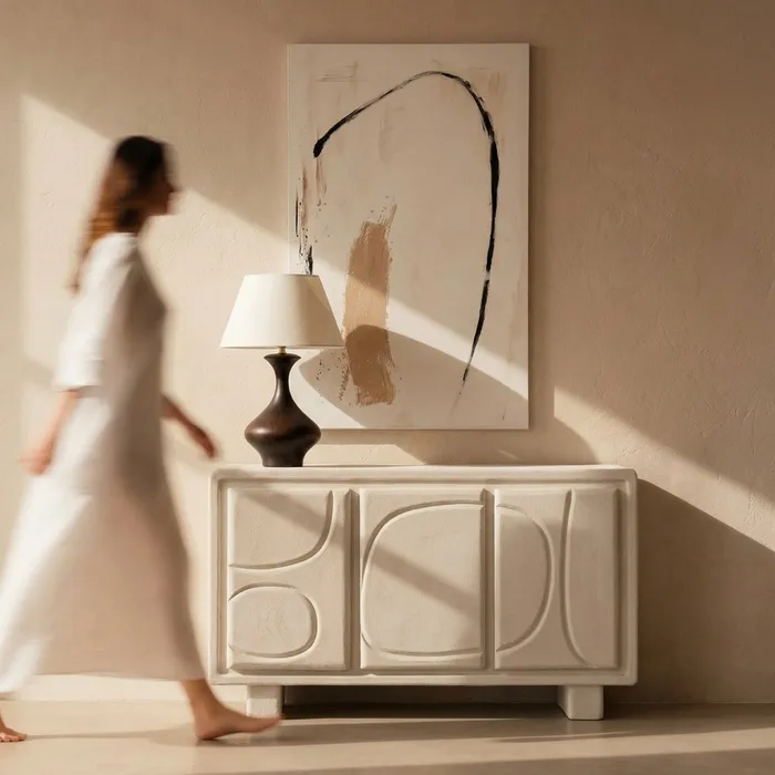 Bufet din MDF alb cu fronturi geometrice decorative [3]