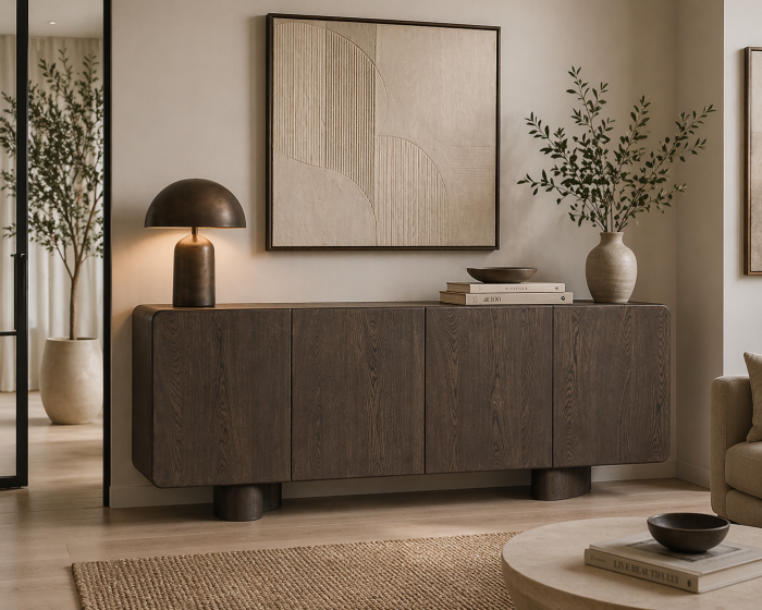 Bufet din MDF maro cu forme rotunjite și design minimalist [2]