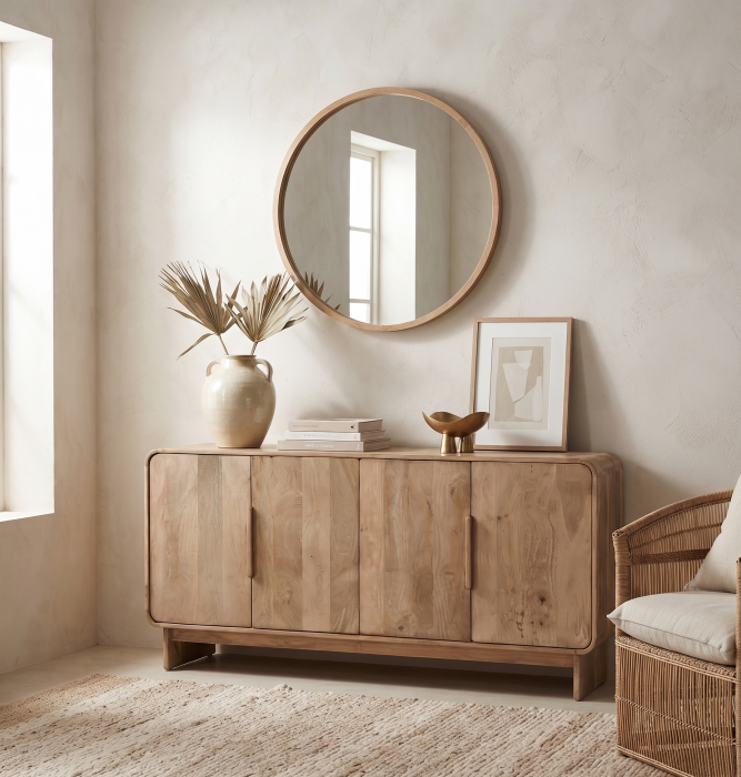 Bufet sideboard din lemn de mango maro deschis – bufet minimalist cu 4 uși și spațiu generos [2]