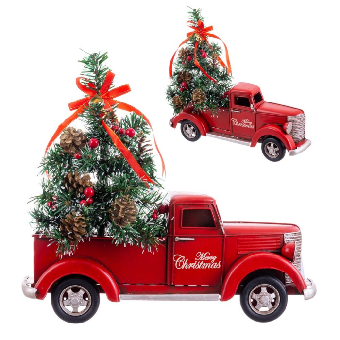Camion roșu din metal cu brad împodobit în remorcă mesajul Merry Christmas pe portieră și roți mari [2]