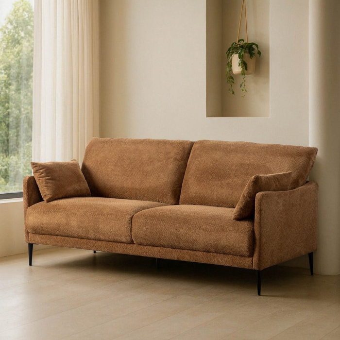 Canapea 2 locuri maro din stofă rezistentă și cadru din lemn de eucalipt [1]